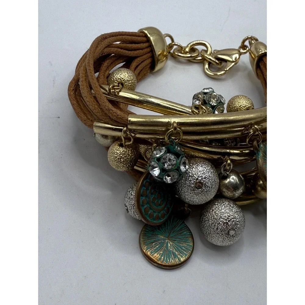 Boho Multi-Strand Brown Cord Charm Bracelet – Gold‎ Tone Bars, Textured Beads